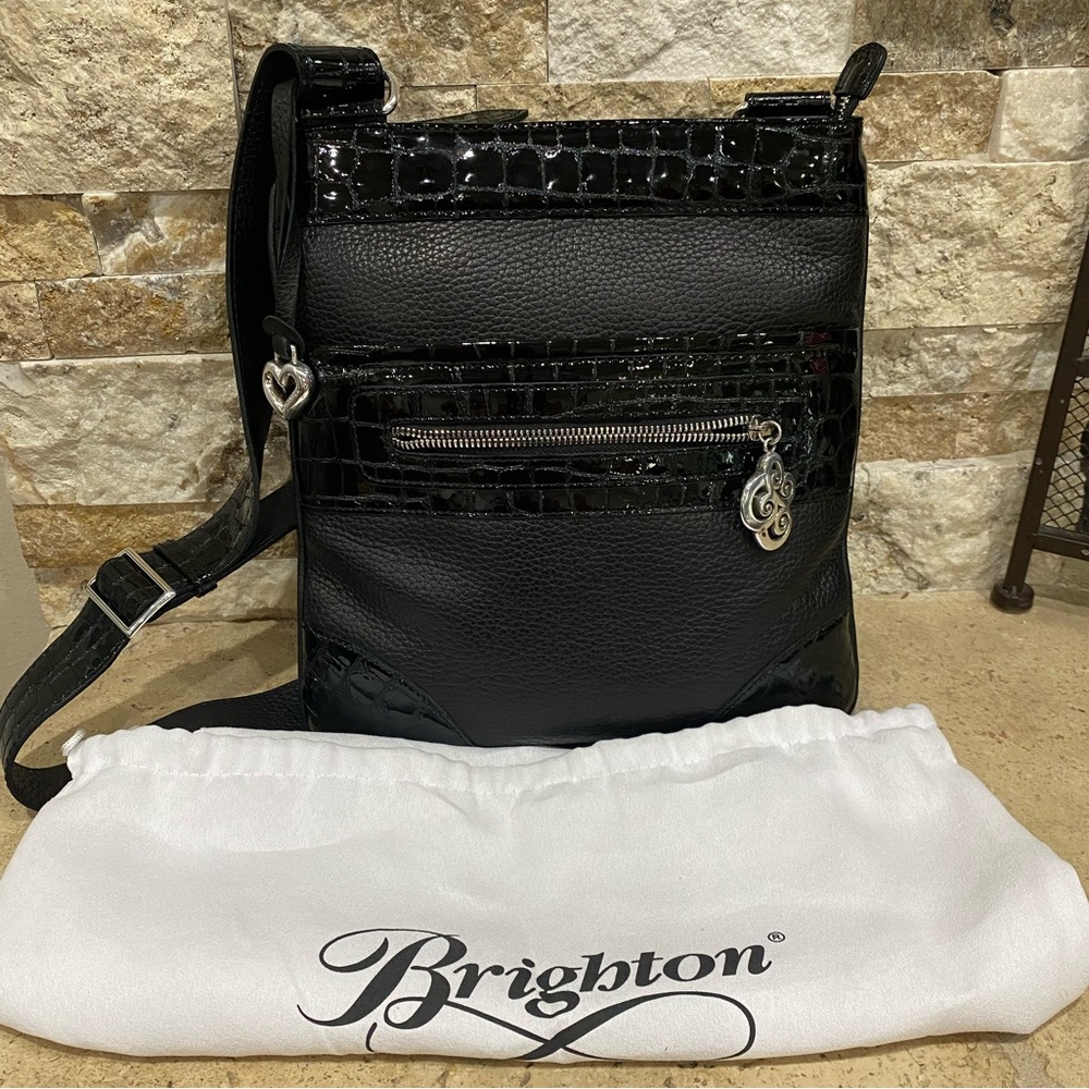 Brighton Black Grain Leather / Croc Patent Crossbody Shoulder Handbag "Gorgeous"